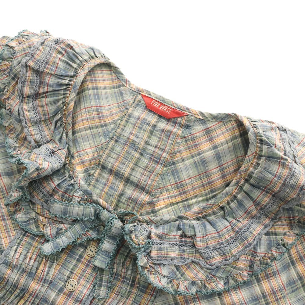 ■ ピンクハウス ブラウス 半袖 トップス チェック フリル リボン レディース グリーン系