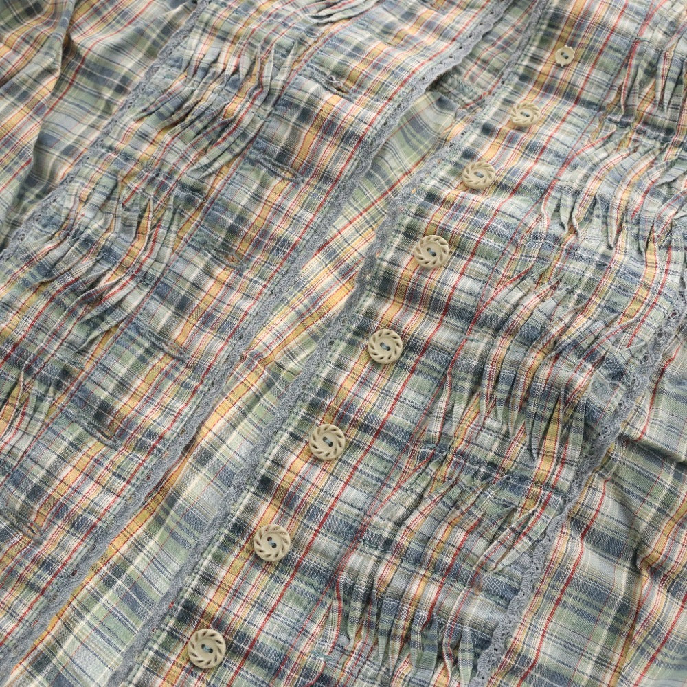 ■ ピンクハウス ブラウス 半袖 トップス チェック フリル リボン レディース グリーン系