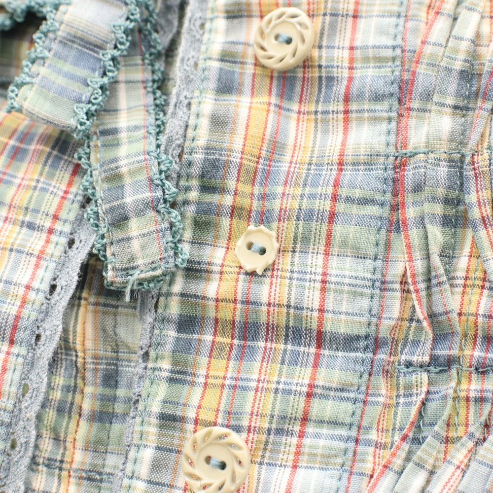 ■ ピンクハウス ブラウス 半袖 トップス チェック フリル リボン レディース グリーン系