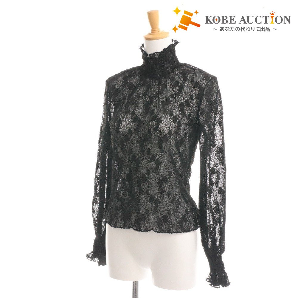 ■ インゲボルグ ブラウス 長袖 トップス レース ハイネック フリル レディース S ブラック