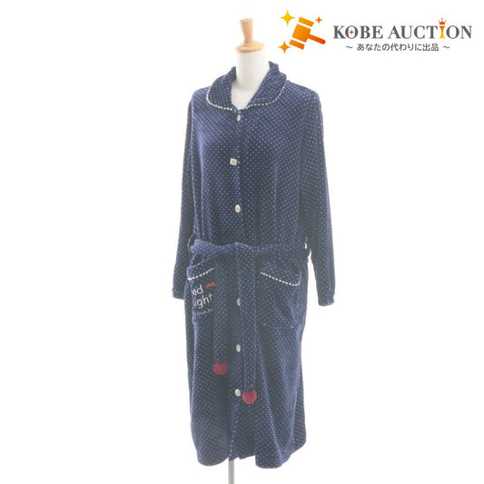 ■ ムーンタン Moon Tan ナルエー NARUE ガウン 長袖 ロング ルームウェア フリース ドット リボン レディース ネイビー系 ベルト付き