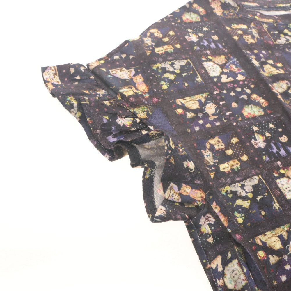 ■ ユキエモン yukiemon カットソー Tシャツ 半袖 袖フリル ねこあつめ 猫 ネコ レディース 3L マルチカラー ネイビー系 未使用 タグ付き