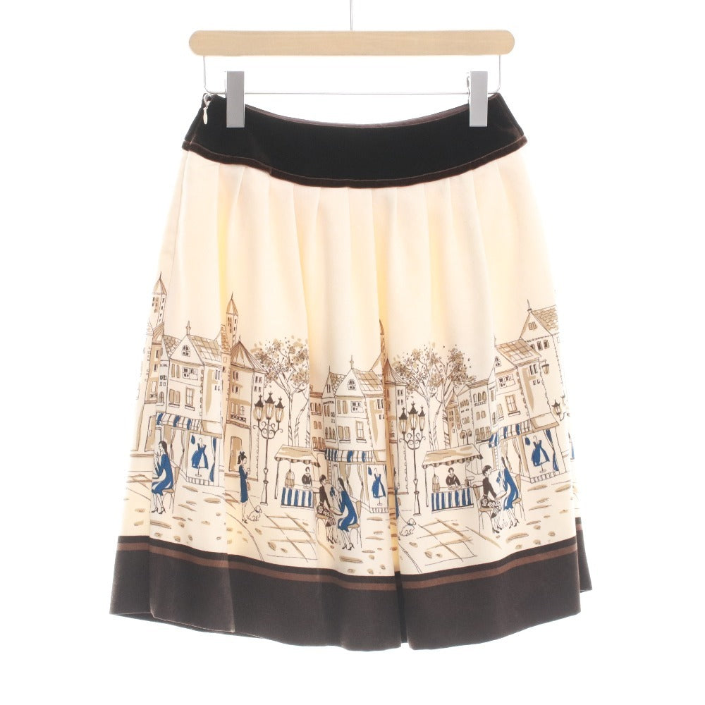 ■ エムズグレイシー スカート ひざ丈 ボトムス 日本製 ベロア 柄 レディース 38(M相当）オフホワイト ブラウン系