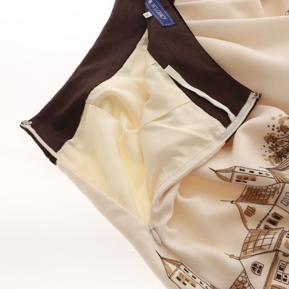 ■ エムズグレイシー スカート ひざ丈 ボトムス 日本製 ベロア 柄 レディース 38(M相当）オフホワイト ブラウン系