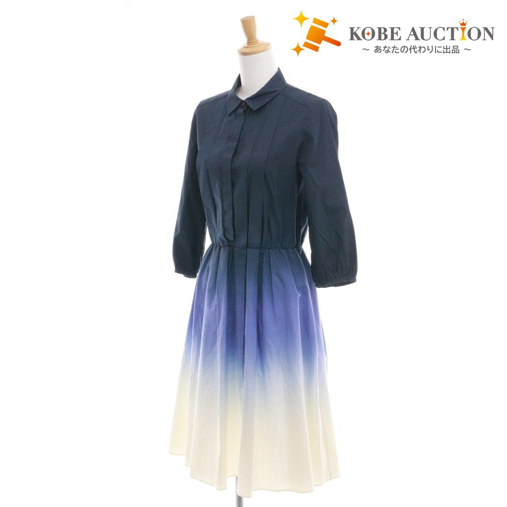 Akiko Ogawa Long Dress, Long Sleeves, Top and Bottoms, Made in Japan, Pleated, Gradient, Women's, Size 38 (Equivalent to M), Blue, Includes Accessories