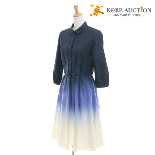 ■ アキコオガワ ロングワンピース 長袖 トップス ボトムス 日本製 プリーツ グラデーション レディース 38(M相当）ブルー系 付属品付き