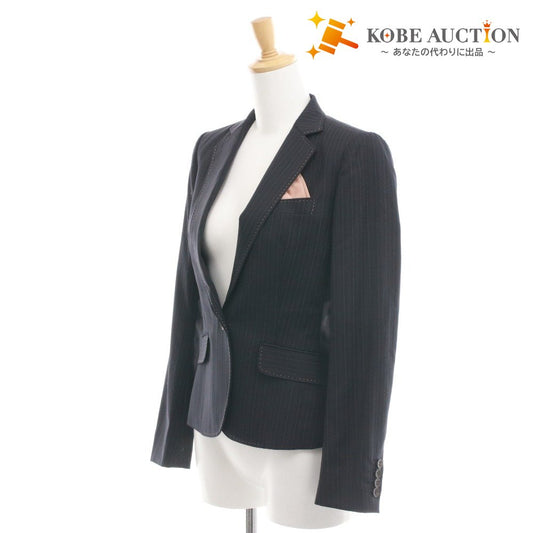 ■ アキコオガワ AKIKO OGAWA ジャケット 長袖 133-10012 日本製 テーラード ストライプ レディース 38(M相当）ネイビー 付属品付き