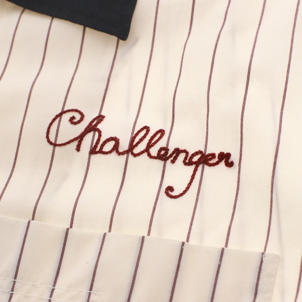 ■ チャレンジャー CHALLENGER シャツ 半袖 トップス ストライプ 刺繍 メンズ S ホワイト レッド