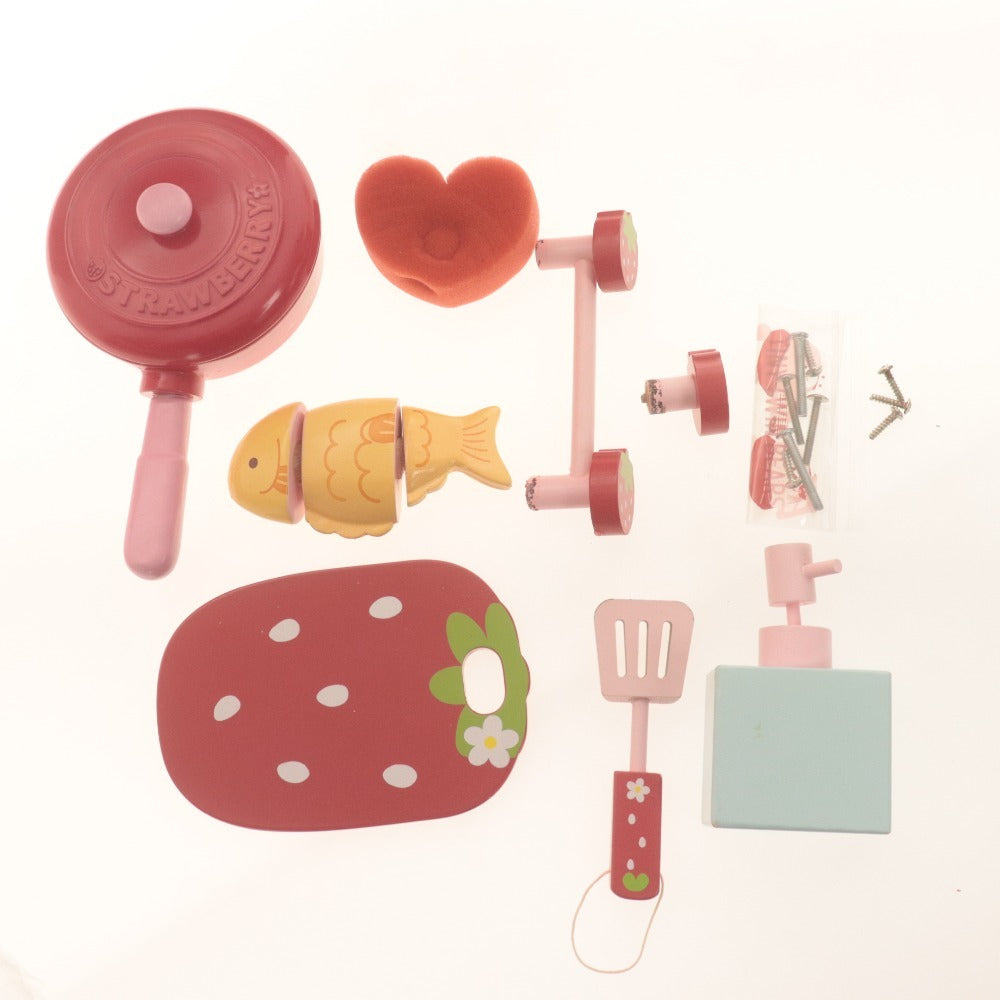 ■ マザーガーデン ままごとキッチンセット おもちゃ 野いちご 木製 鍋 包丁 まな板 等 ピンク レッド