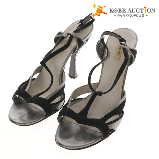 ■ ミュウミュウ サンダル 靴 ピンヒール クリスタル ストラップ レディース 37 （24cm相当） ブラック シルバー