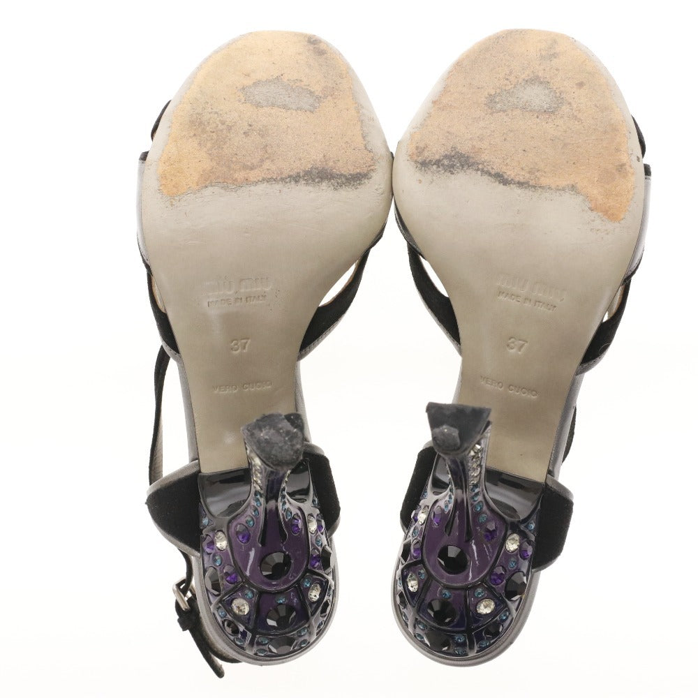 ■ ミュウミュウ サンダル 靴 ピンヒール クリスタル ストラップ レディース 37 （24cm相当） ブラック シルバー