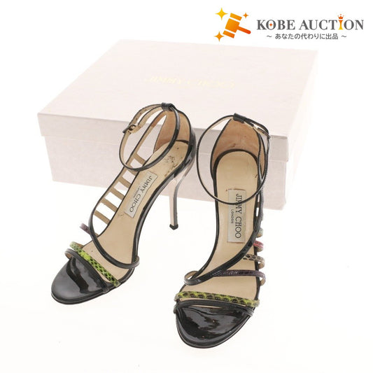 ■ ジミーチュウ サンダル 靴 パテントレザー パイソン アンクルストラップ レディース 36.5 （23.5cm相当） ブラック 箱付き