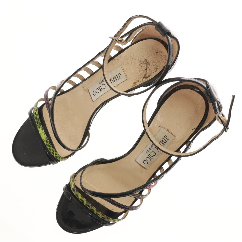 ■ ジミーチュウ サンダル 靴 パテントレザー パイソン アンクルストラップ レディース 36.5 （23.5cm相当） ブラック 箱付き