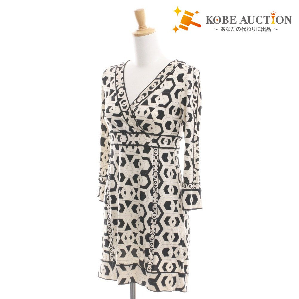 ■ DIANE VON FURSTENBERG ミニワンピース 長袖 トップス モノトーン柄 シルク レディース 0 (XS相当) アイボリー ブラック 黒