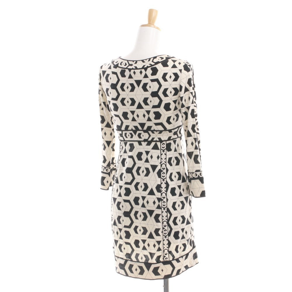 ■ DIANE VON FURSTENBERG ミニワンピース 長袖 トップス モノトーン柄 シルク レディース 0 (XS相当) アイボリー ブラック 黒