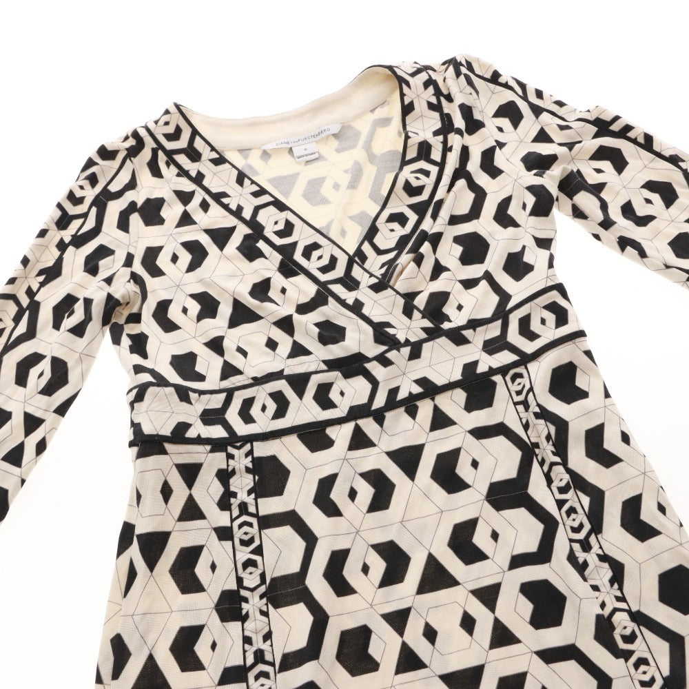 ■ DIANE VON FURSTENBERG ミニワンピース 長袖 トップス モノトーン柄 シルク レディース 0 (XS相当) アイボリー ブラック 黒