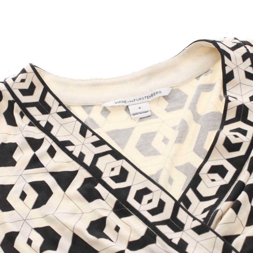 ■ DIANE VON FURSTENBERG ミニワンピース 長袖 トップス モノトーン柄 シルク レディース 0 (XS相当) アイボリー ブラック 黒