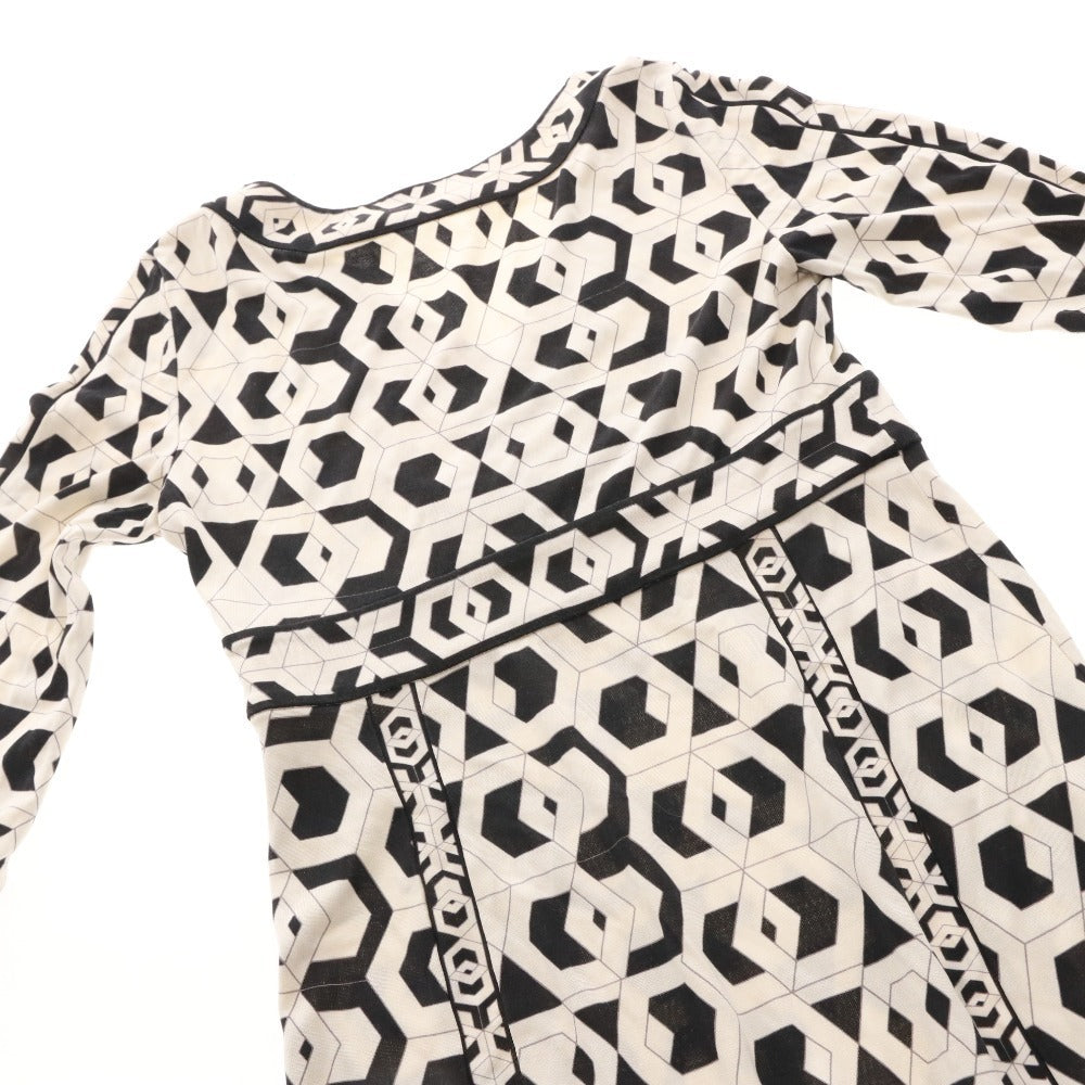 ■ DIANE VON FURSTENBERG ミニワンピース 長袖 トップス モノトーン柄 シルク レディース 0 (XS相当) アイボリー ブラック 黒