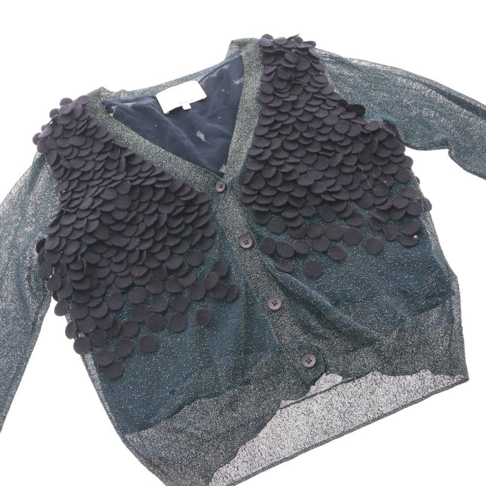 ■ 3.1 Phillip Lim Cardigan, Long Sleeve, Button-Front Top, Feather Decor, All-Over Print, Women's, Size Small, Metallic Navy