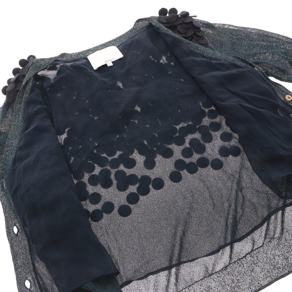 ■ 3.1 Phillip Lim Cardigan, Long Sleeve, Button-Front Top, Feather Decor, All-Over Print, Women's, Size Small, Metallic Navy