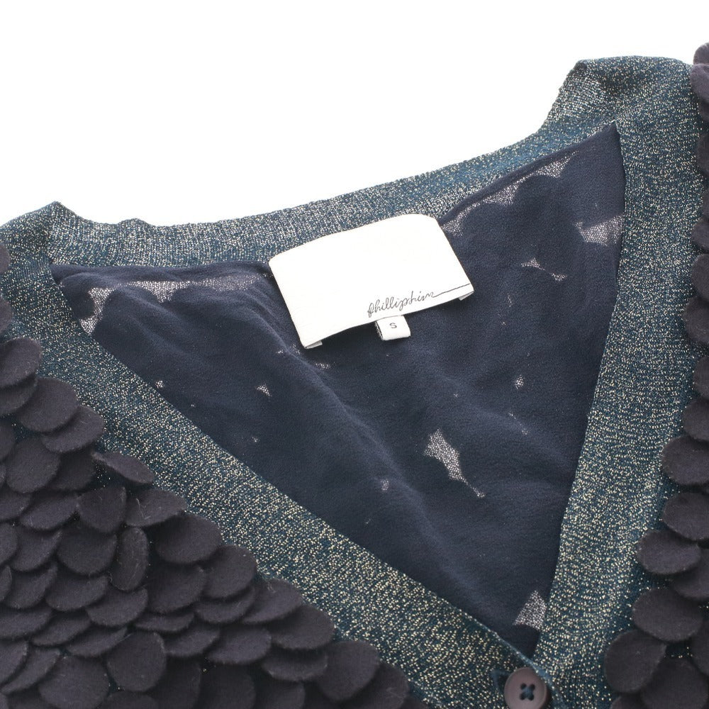 ■ 3.1 Phillip Lim Cardigan, Long Sleeve, Button-Front Top, Feather Decor, All-Over Print, Women's, Size Small, Metallic Navy