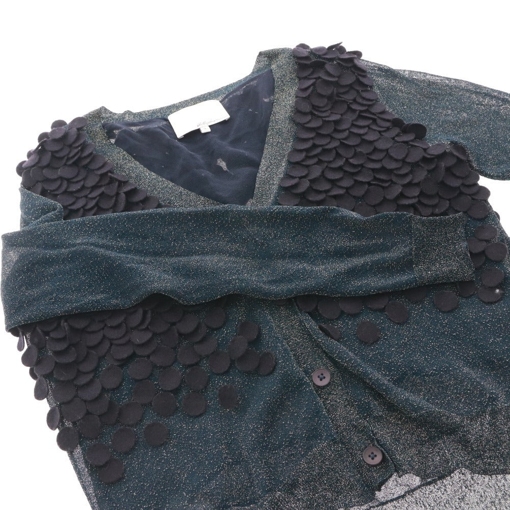 ■ 3.1 Phillip Lim Cardigan, Long Sleeve, Button-Front Top, Feather Decor, All-Over Print, Women's, Size Small, Metallic Navy