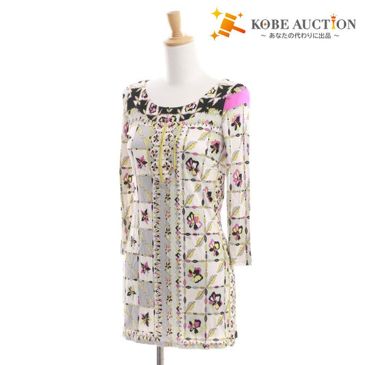 ■ EMILIO PUCCI カットソー ミニワンピース 長袖 トップス 前カン 総柄 イタリア製 レディース 実寸 XS相当 マルチカラー ホワイト 等