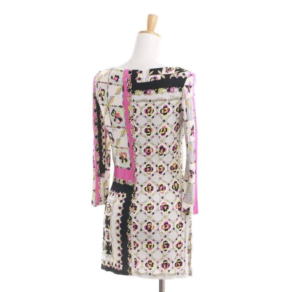 ■ EMILIO PUCCI カットソー ミニワンピース 長袖 トップス 前カン 総柄 イタリア製 レディース 実寸 XS相当 マルチカラー ホワイト 等