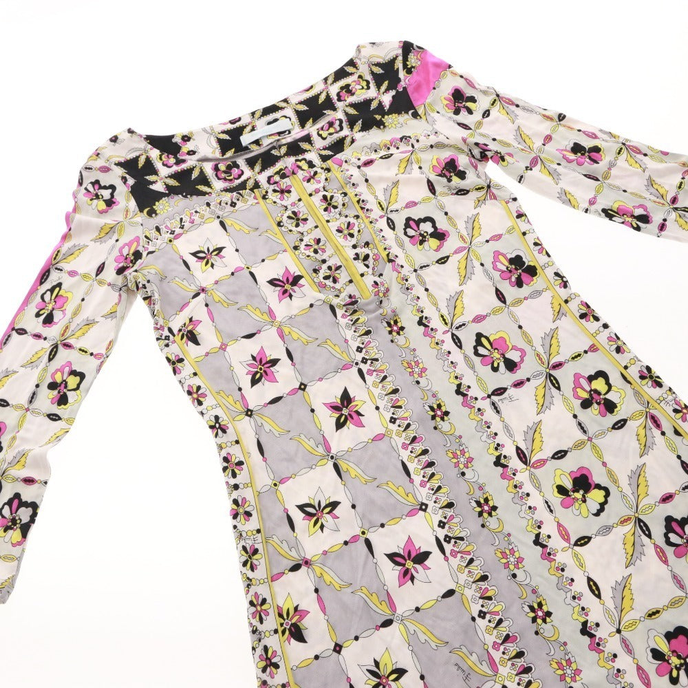 ■ EMILIO PUCCI カットソー ミニワンピース 長袖 トップス 前カン 総柄 イタリア製 レディース 実寸 XS相当 マルチカラー ホワイト 等