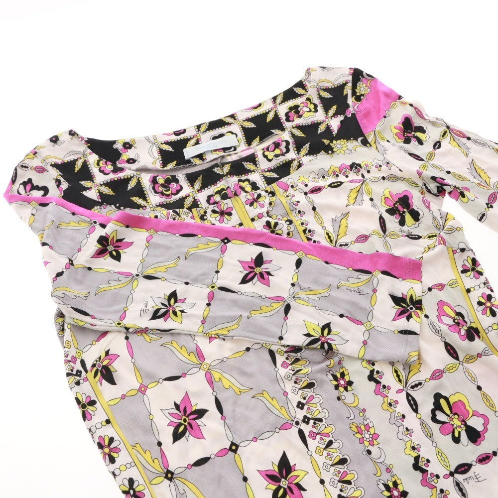 ■ EMILIO PUCCI カットソー ミニワンピース 長袖 トップス 前カン 総柄 イタリア製 レディース 実寸 XS相当 マルチカラー ホワイト 等