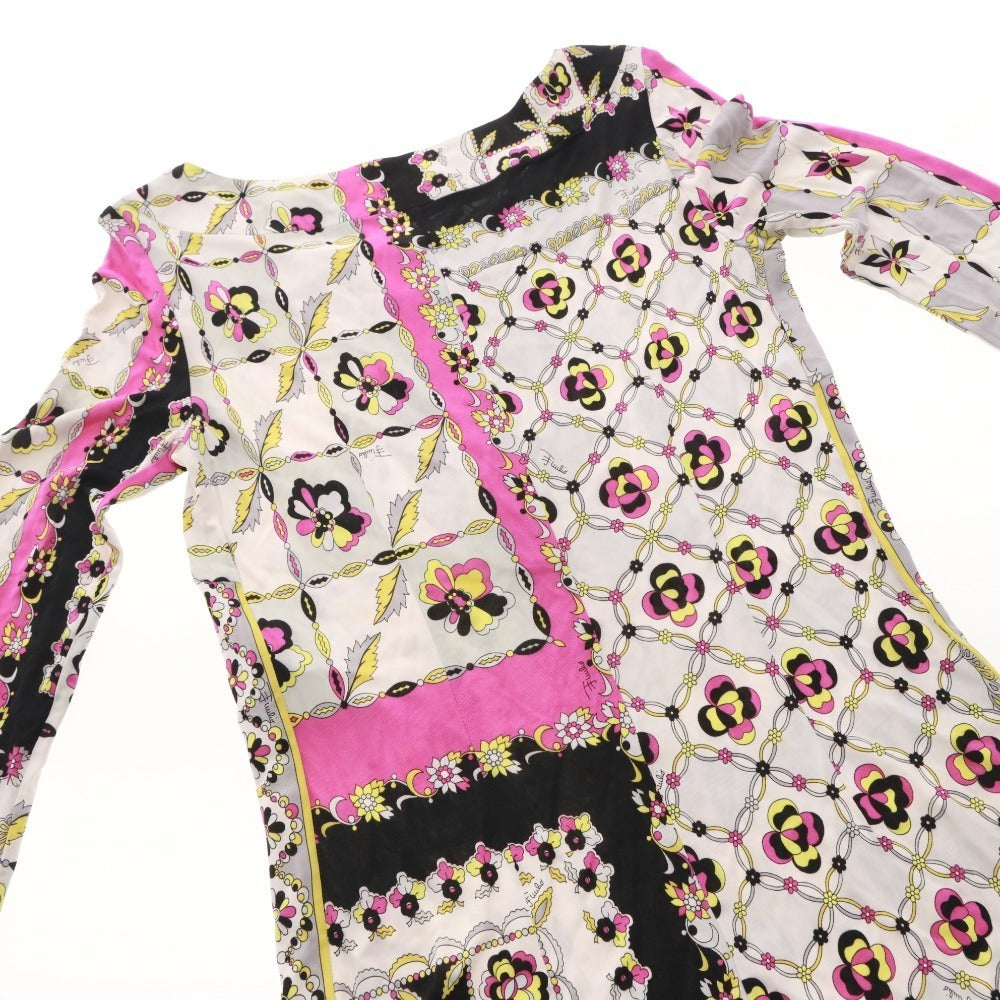■ EMILIO PUCCI カットソー ミニワンピース 長袖 トップス 前カン 総柄 イタリア製 レディース 実寸 XS相当 マルチカラー ホワイト 等