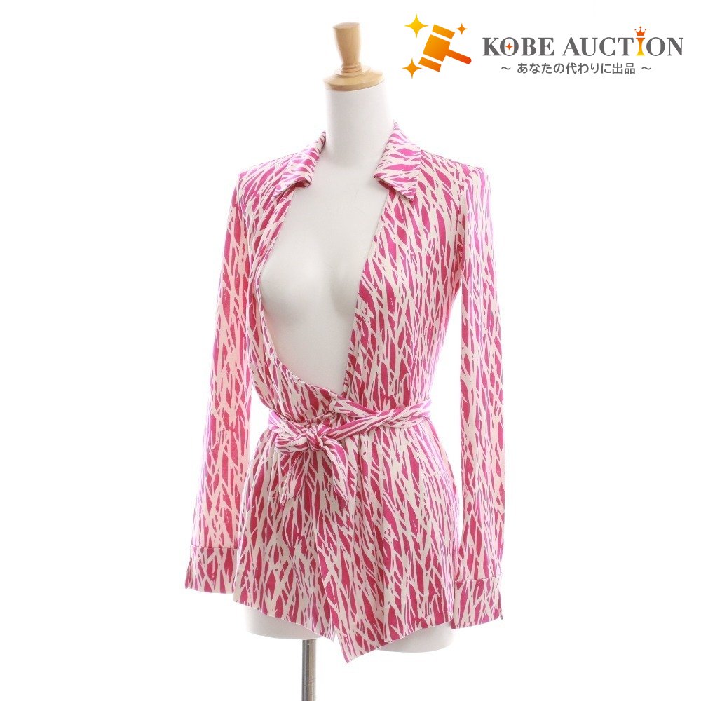 ■ DIANE von FURSTENBERG ラップワンピース 長袖 トップス アウター トップス 襟 総柄 前紐 レディース 0 (XS相当) パープル系