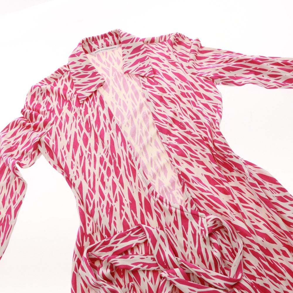 ■ DIANE von FURSTENBERG ラップワンピース 長袖 トップス アウター トップス 襟 総柄 前紐 レディース 0 (XS相当) パープル系
