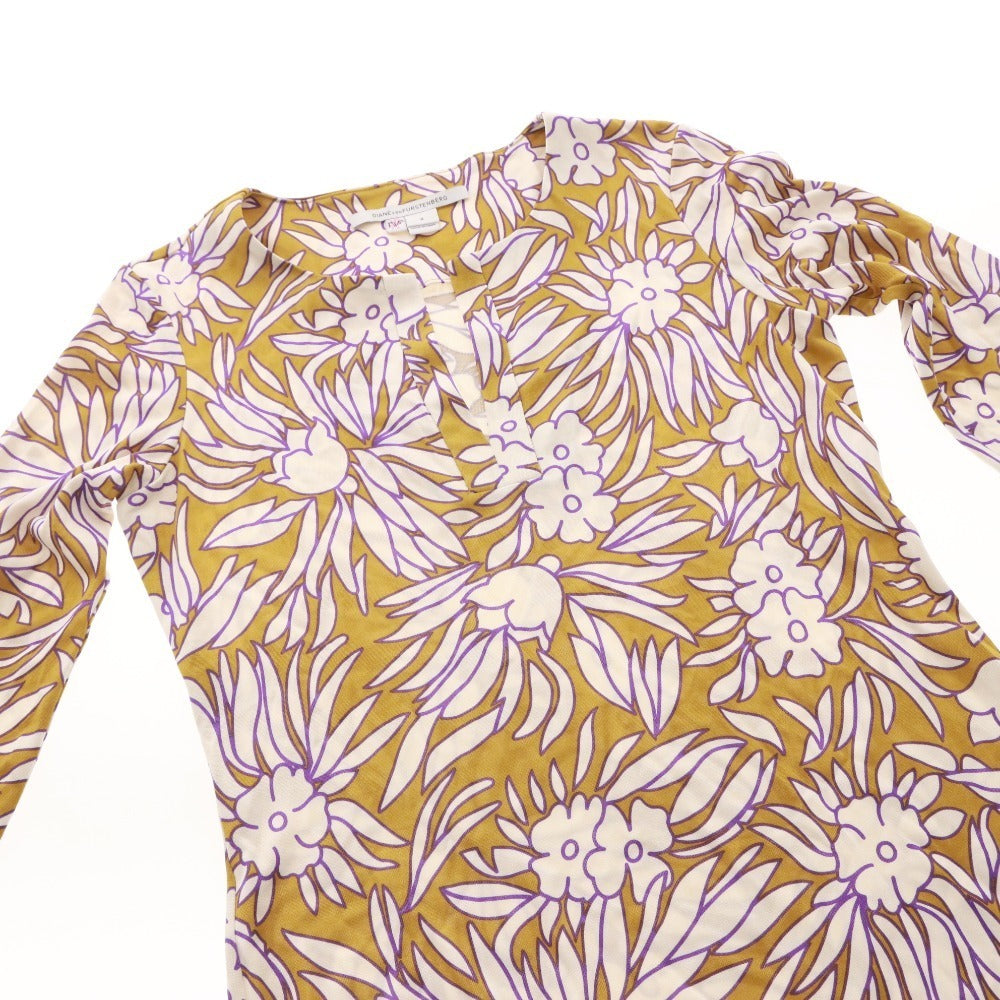 ■ DIANE VON FURSTENBERG ミニワンピース シャツ 長袖 トップス 総柄 シルク レディース 2 (S相当) マルチカラー ブラウン系 ホワイト