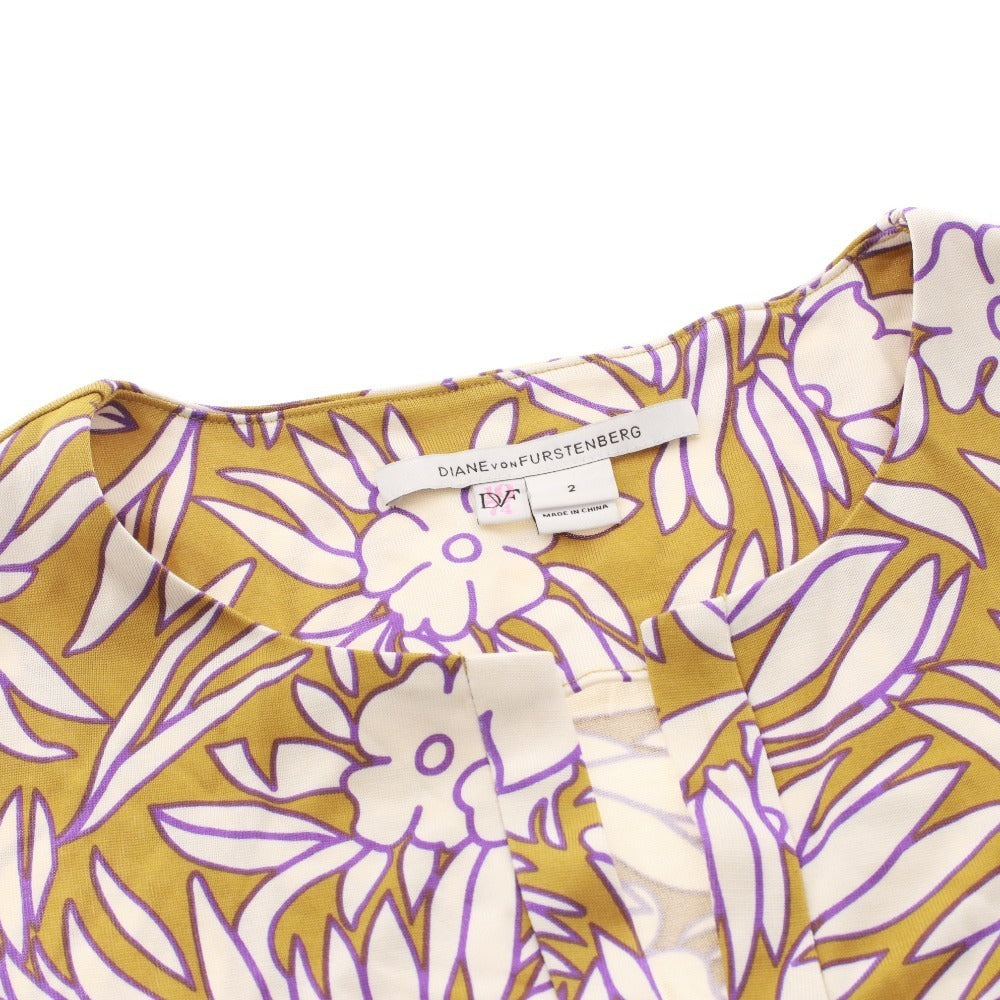 ■ DIANE VON FURSTENBERG ミニワンピース シャツ 長袖 トップス 総柄 シルク レディース 2 (S相当) マルチカラー ブラウン系 ホワイト
