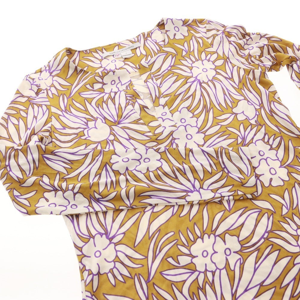 ■ DIANE VON FURSTENBERG ミニワンピース シャツ 長袖 トップス 総柄 シルク レディース 2 (S相当) マルチカラー ブラウン系 ホワイト