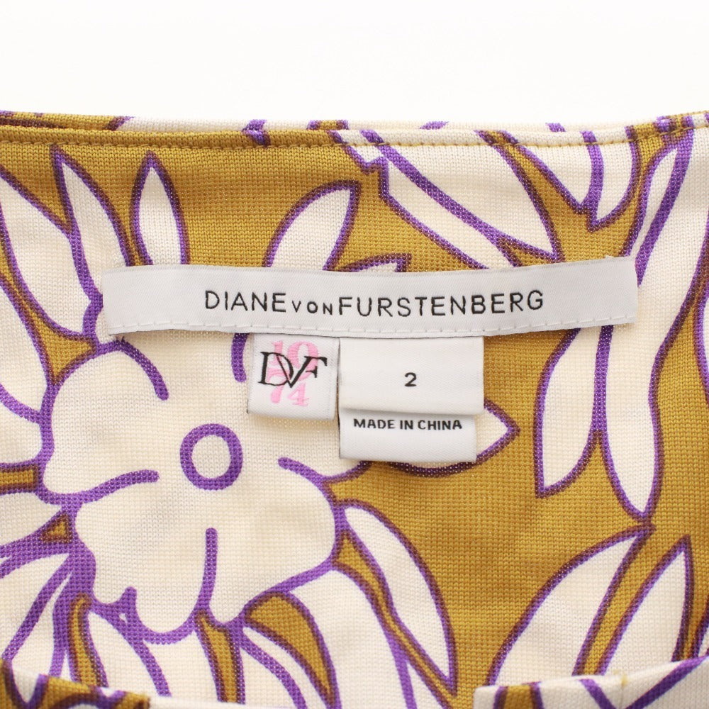 ■ DIANE VON FURSTENBERG ミニワンピース シャツ 長袖 トップス 総柄 シルク レディース 2 (S相当) マルチカラー ブラウン系 ホワイト