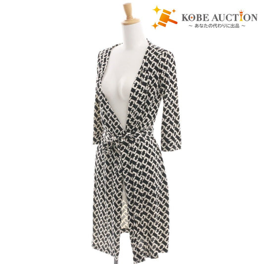 ■ DIANE von FURSTENBERG ラップワンピース 半袖 トップス アウター 前紐 総柄 シルク レディース 0 (XS相当) ブラック アイボリー