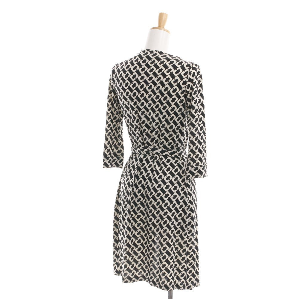 ■ DIANE von FURSTENBERG ラップワンピース 半袖 トップス アウター 前紐 総柄 シルク レディース 0 (XS相当) ブラック アイボリー
