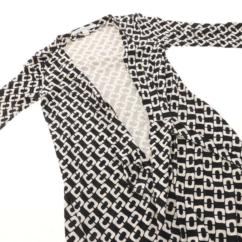 ■ DIANE von FURSTENBERG ラップワンピース 半袖 トップス アウター 前紐 総柄 シルク レディース 0 (XS相当) ブラック アイボリー
