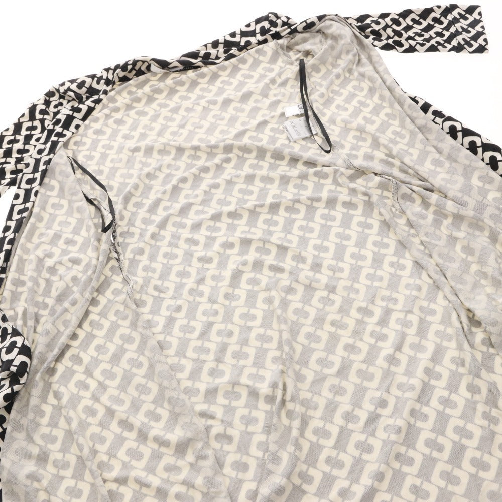 ■ DIANE von FURSTENBERG ラップワンピース 半袖 トップス アウター 前紐 総柄 シルク レディース 0 (XS相当) ブラック アイボリー