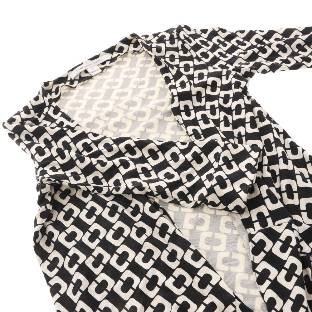 ■ DIANE von FURSTENBERG ラップワンピース 半袖 トップス アウター 前紐 総柄 シルク レディース 0 (XS相当) ブラック アイボリー