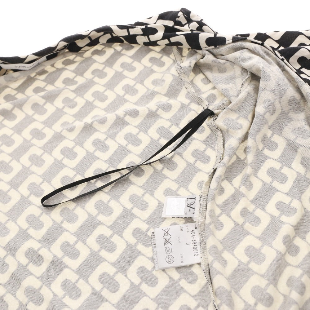 ■ DIANE von FURSTENBERG ラップワンピース 半袖 トップス アウター 前紐 総柄 シルク レディース 0 (XS相当) ブラック アイボリー