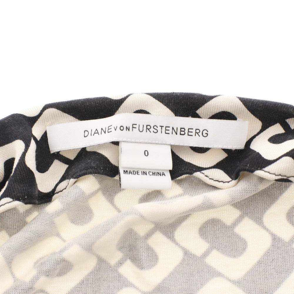 ■ DIANE von FURSTENBERG ラップワンピース 半袖 トップス アウター 前紐 総柄 シルク レディース 0 (XS相当) ブラック アイボリー