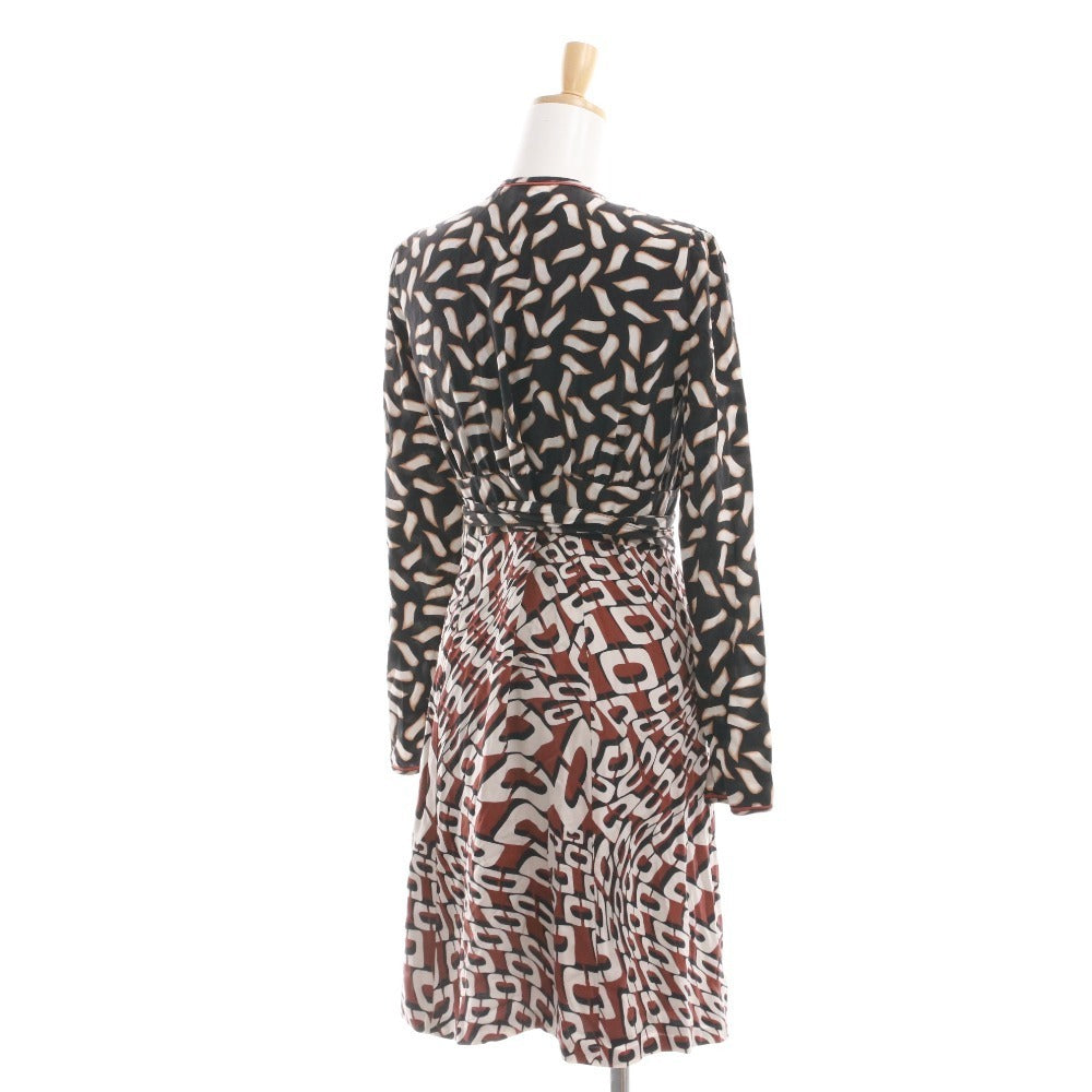 ■ DIANE von FURSTENBERG ラップワンピース 長袖 トップス アウター ひざ丈 総柄 前紐 レディース 2 (S相当) マルチカラー ブラック 等