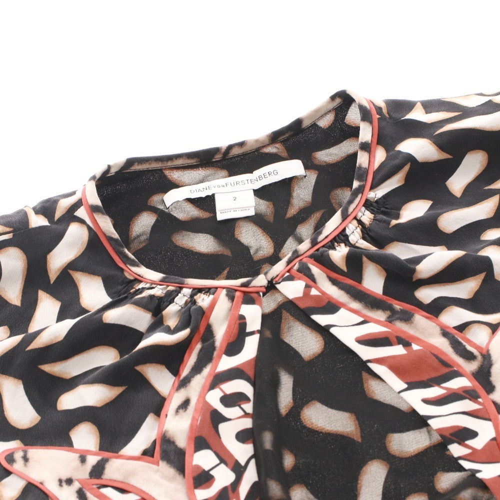 ■ DIANE von FURSTENBERG ラップワンピース 長袖 トップス アウター ひざ丈 総柄 前紐 レディース 2 (S相当) マルチカラー ブラック 等