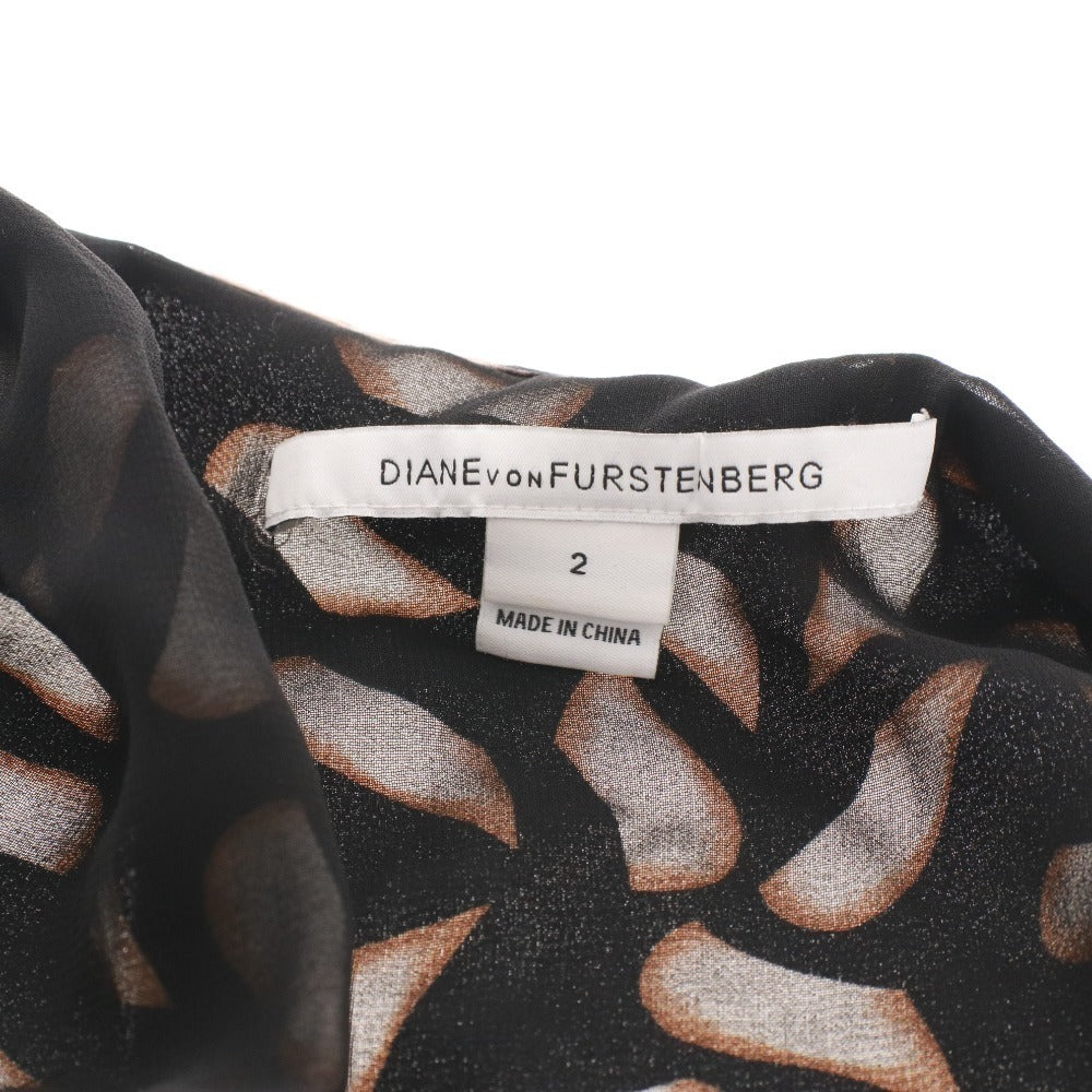 ■ DIANE von FURSTENBERG ラップワンピース 長袖 トップス アウター ひざ丈 総柄 前紐 レディース 2 (S相当) マルチカラー ブラック 等