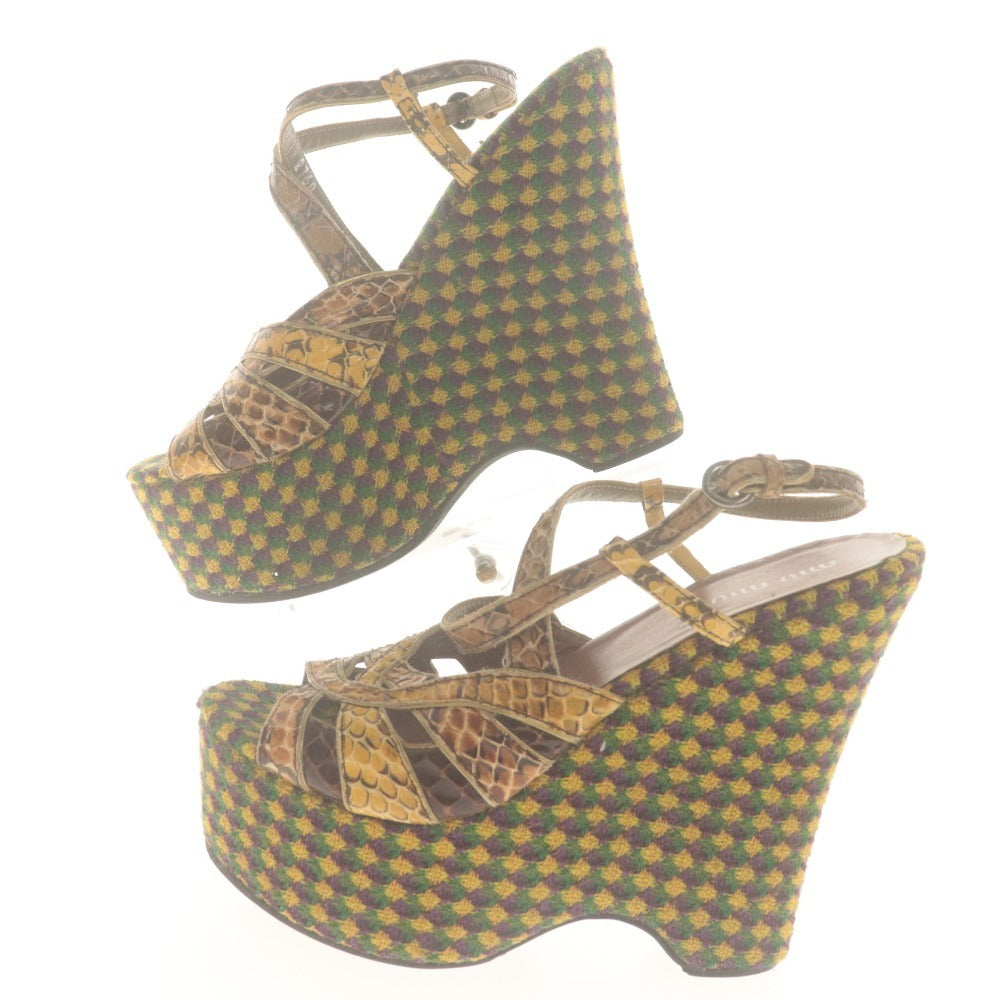 ■ MIU MIU ミュウミュウ サンダル 靴 ウェッジソール 厚底 ストラップ 柄 レディース 36 (23cm相当) イエロー ブラウン パープル 袋付き