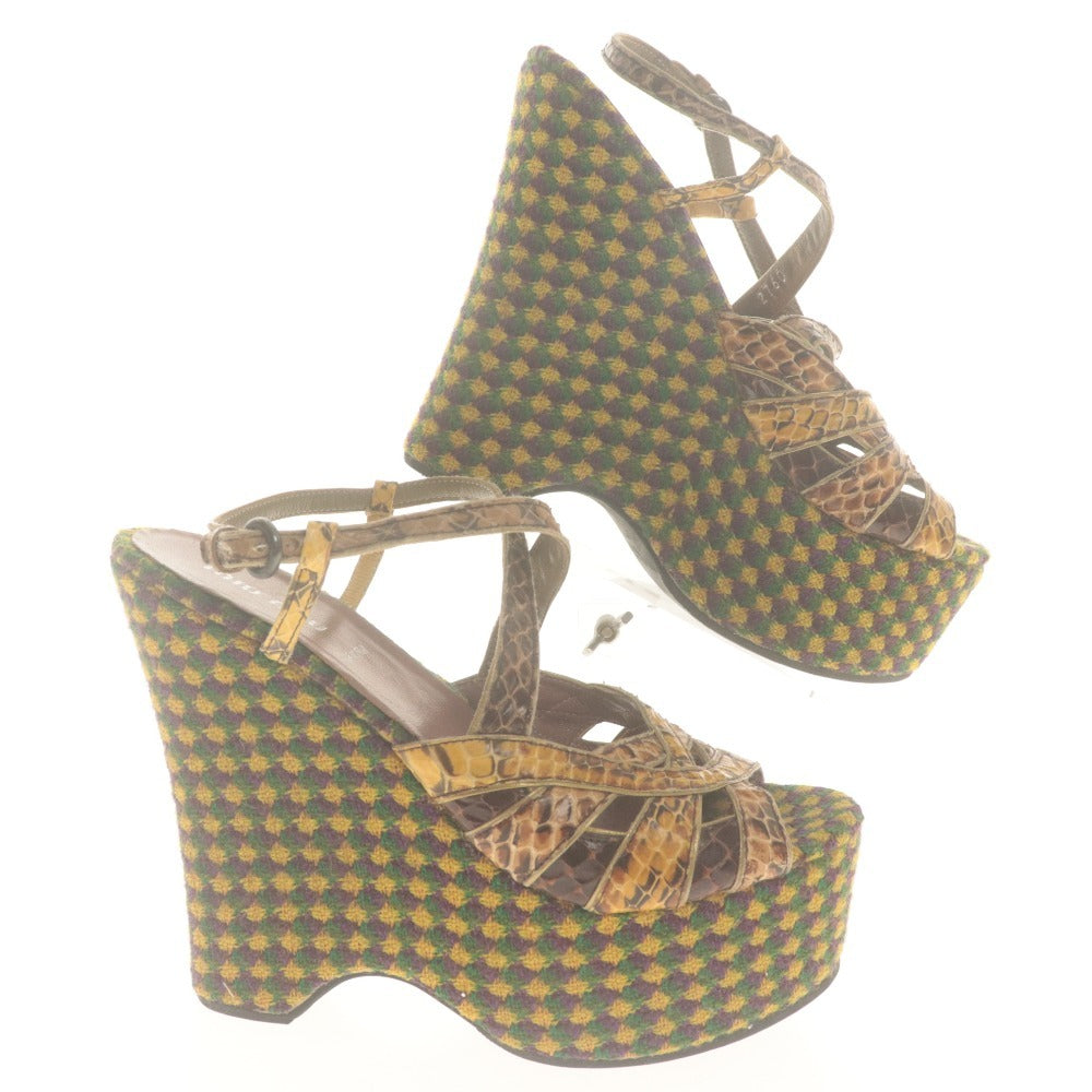 ■ MIU MIU ミュウミュウ サンダル 靴 ウェッジソール 厚底 ストラップ 柄 レディース 36 (23cm相当) イエロー ブラウン パープル 袋付き