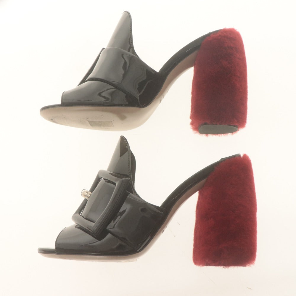 ■ MIU MIU ミュウミュウ サンダル ミュール 靴 エナメル ファー チャンキーヒール レディース 36 (23cm相当) ブラック レッド 箱付き